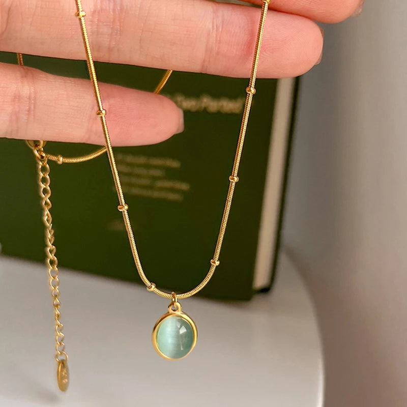 925 Sterling Silver Oval Sea Blue Pendant Necklace Exquisite Cat Eye Stone Lock Bone Chain Jewelry