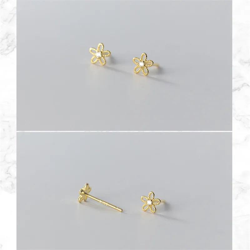 Real 100% 925 Sterling Silver 18k Gold Plated Cute Sweet Hollow Mini Small Flower Geometric Stud Earrings Fine Jewelry