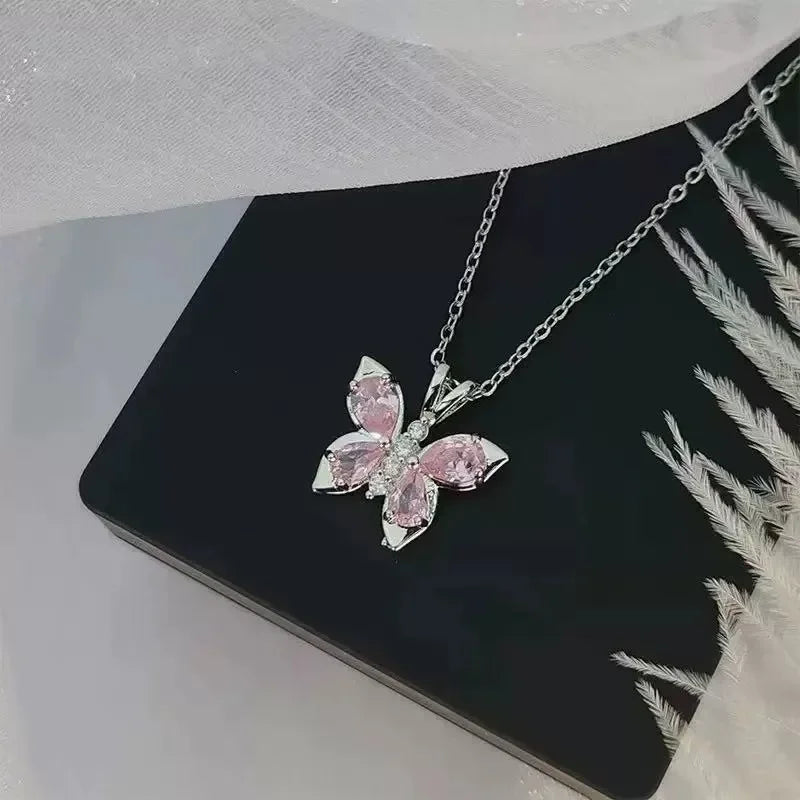 Stainless Steel Pink Zircon Crystal Pendant Butterfly Necklace Chain Gold Silver Color Necklace Jewelry