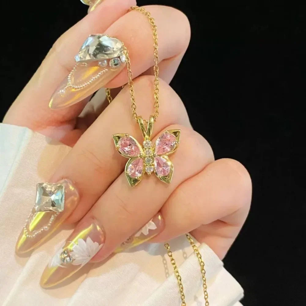 Stainless Steel Pink Zircon Crystal Pendant Butterfly Necklace Chain Gold Silver Color Necklace Jewelry