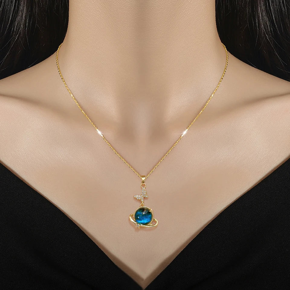 Light Luxury Stainless Steel Blue Starry Planet Pendant Necklace Fashion Women's Clavicle Chain