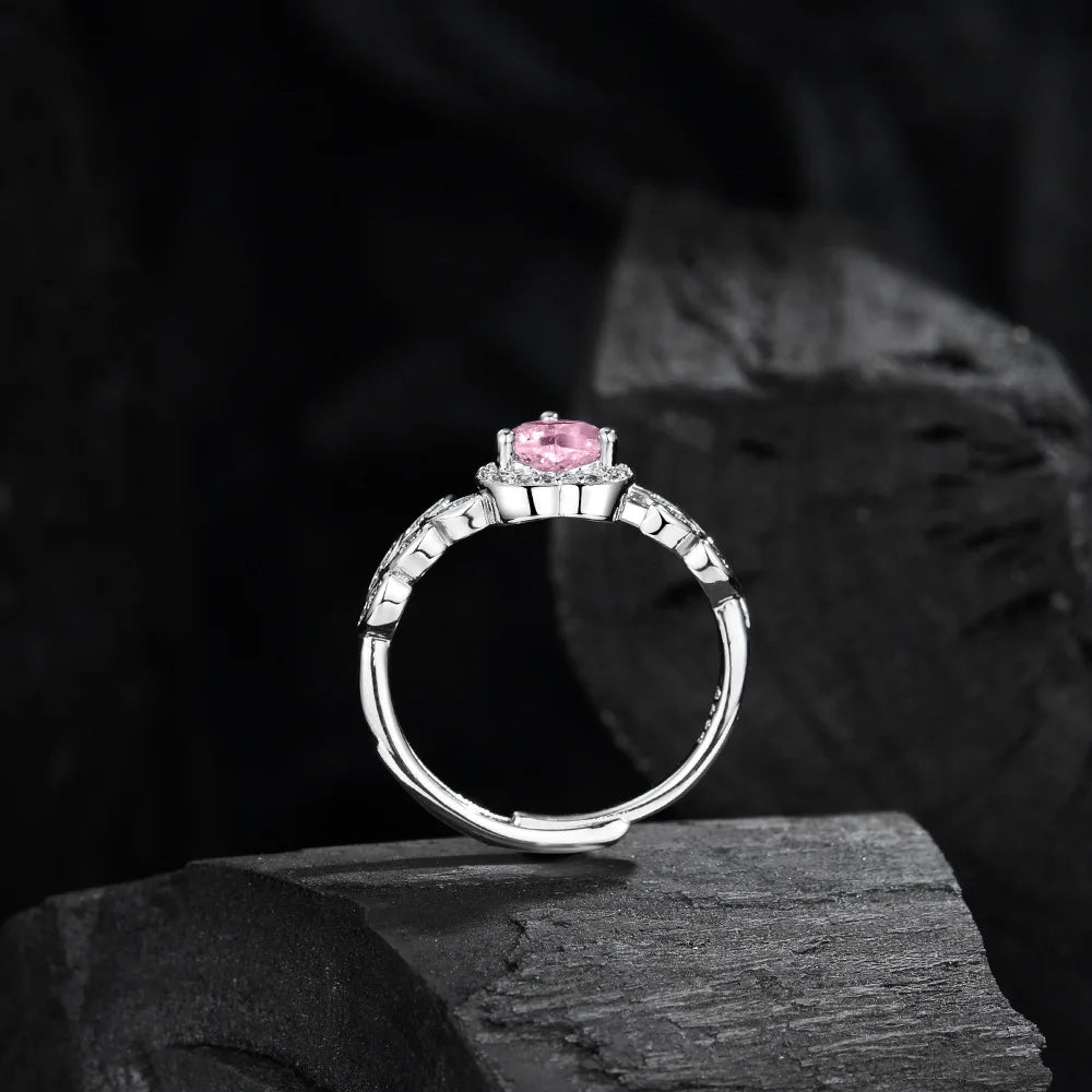925 Sterling Silver Ring Shining Pink Heart Zircon Fine Jewelry