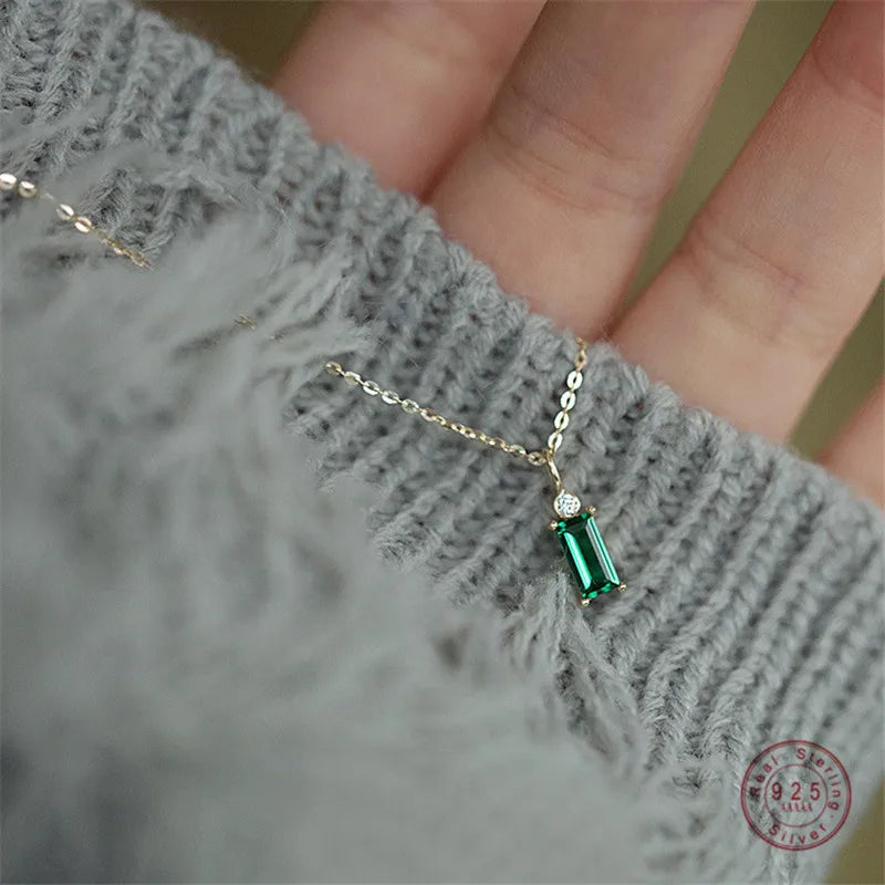 925 Sterling Silver 18k Gold Plated European Simple Square Emerald Zircon Crystal Pendant Clavicle Chain Necklace