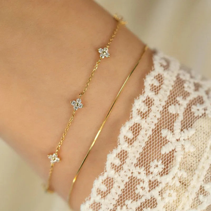 925 Sterling Silver Plated 18K Gold Shiny Zircon Flower Bracelet Exquisite Jewelry Gifts