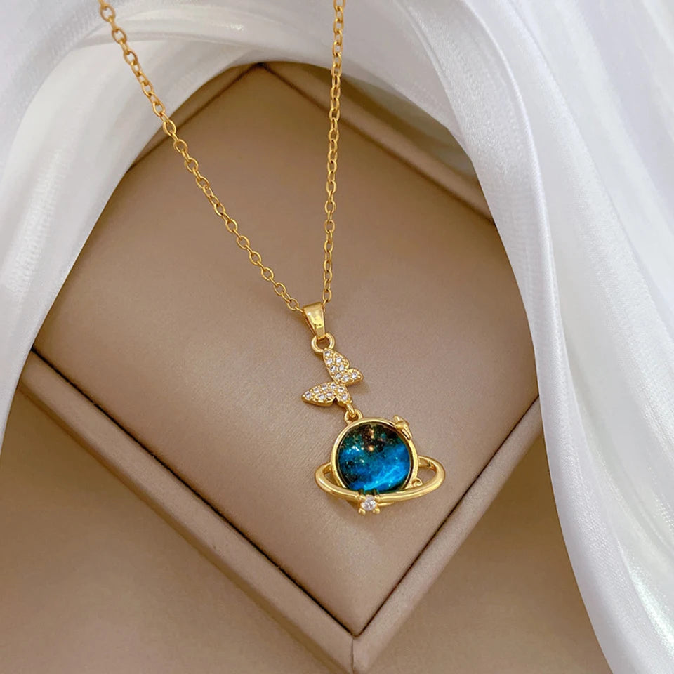 Light Luxury Stainless Steel Blue Starry Planet Pendant Necklace Fashion Women's Clavicle Chain
