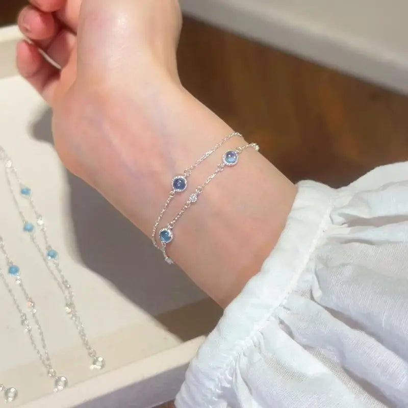 New 925 Sterling Silver Pure Zircon Natural Aquamarine Gemstone Bracelet for Women Fine Jewelry
