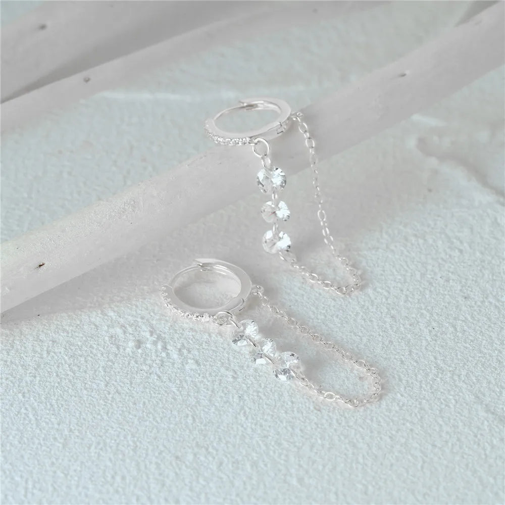 925 Sterling Silver Three Zircon Drop Long Chain Gold Hoop Buckle Piercing Earrings Jewelry