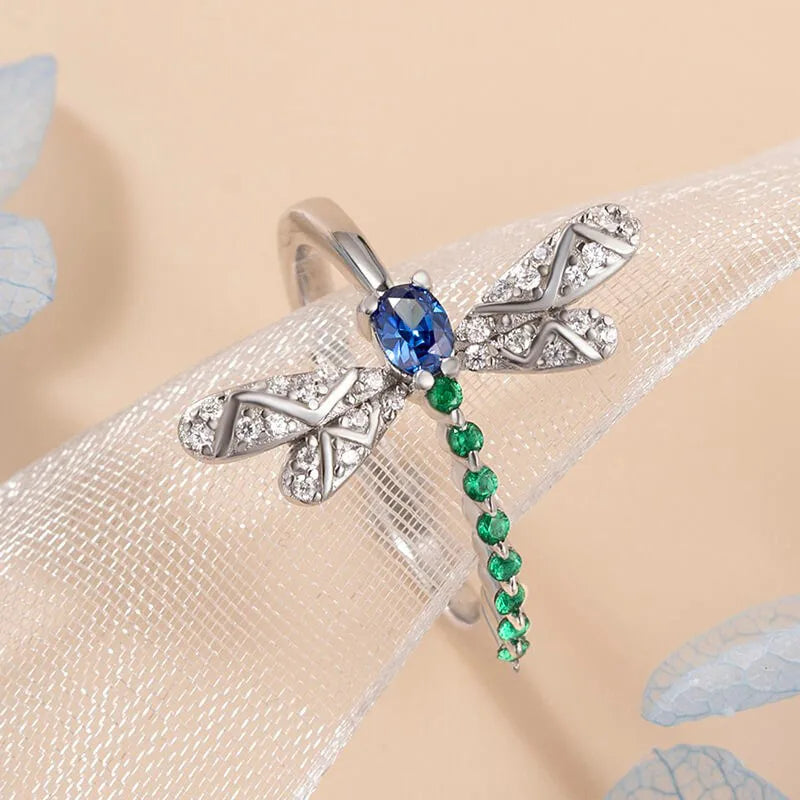 925 Sterling Silver Dragonfly Ring Blue Green Real CZ Stones Fine Jewelry