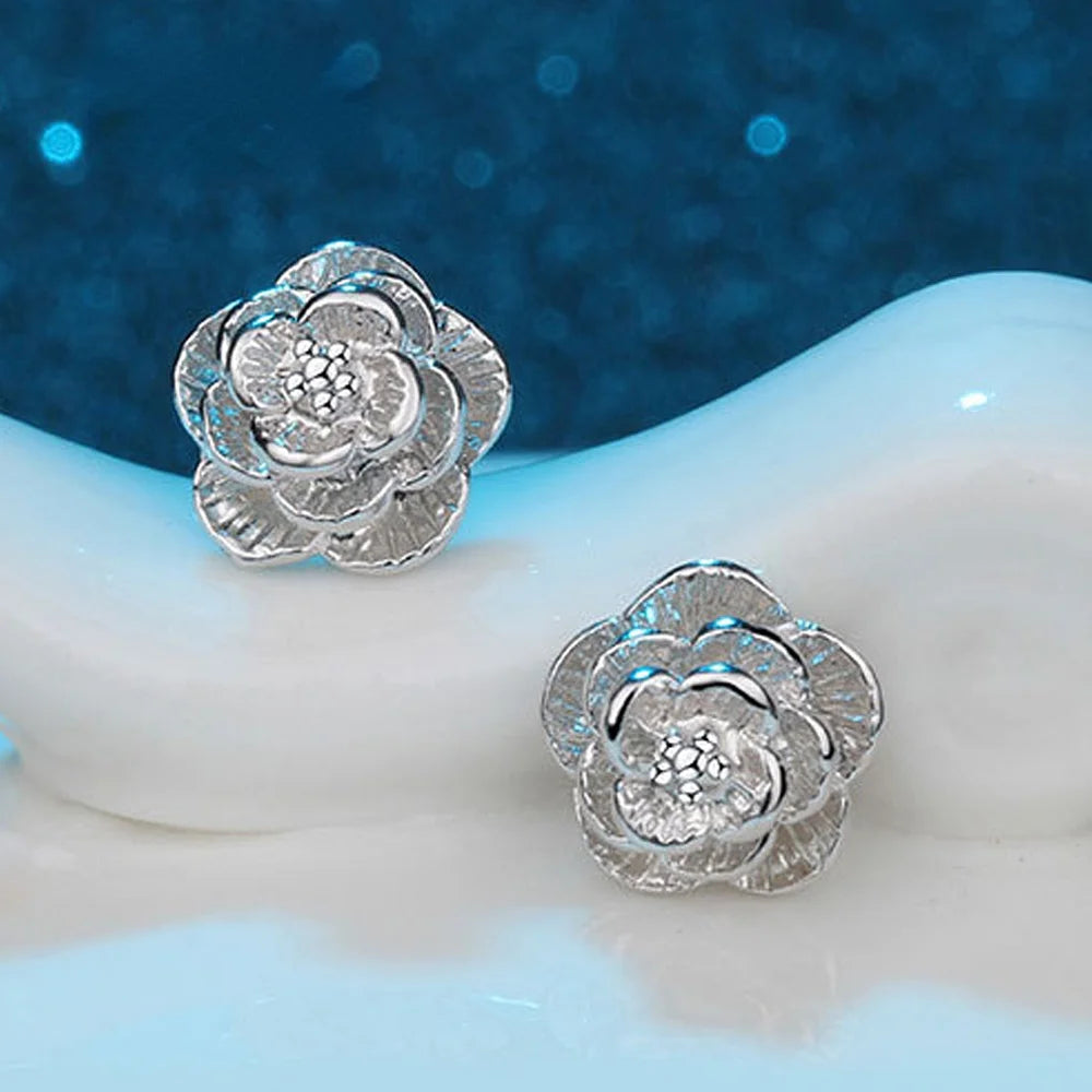New 925 Sterling Silver Rose Flower Stud Earrings Fine Jewelry