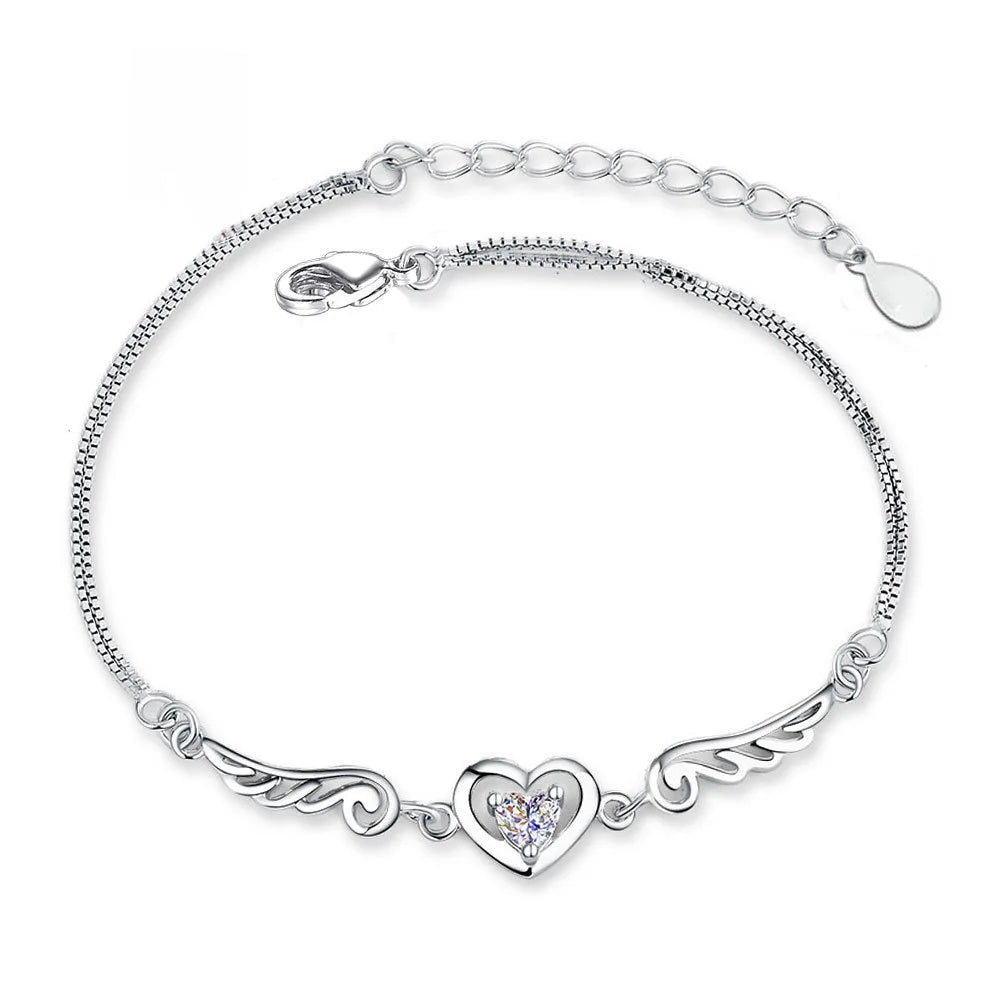 Luxurious 925 Sterling Silver Purple/White Heart Shaped Zircon Wings Bracelet Fashion Jewelry