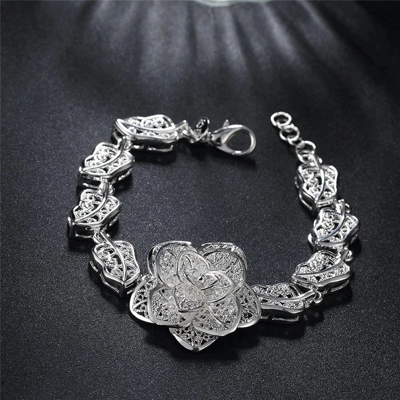 Pure 925 Sterling Silver Bracelet Beautiful Big Flower Fine Luxury Jewelry