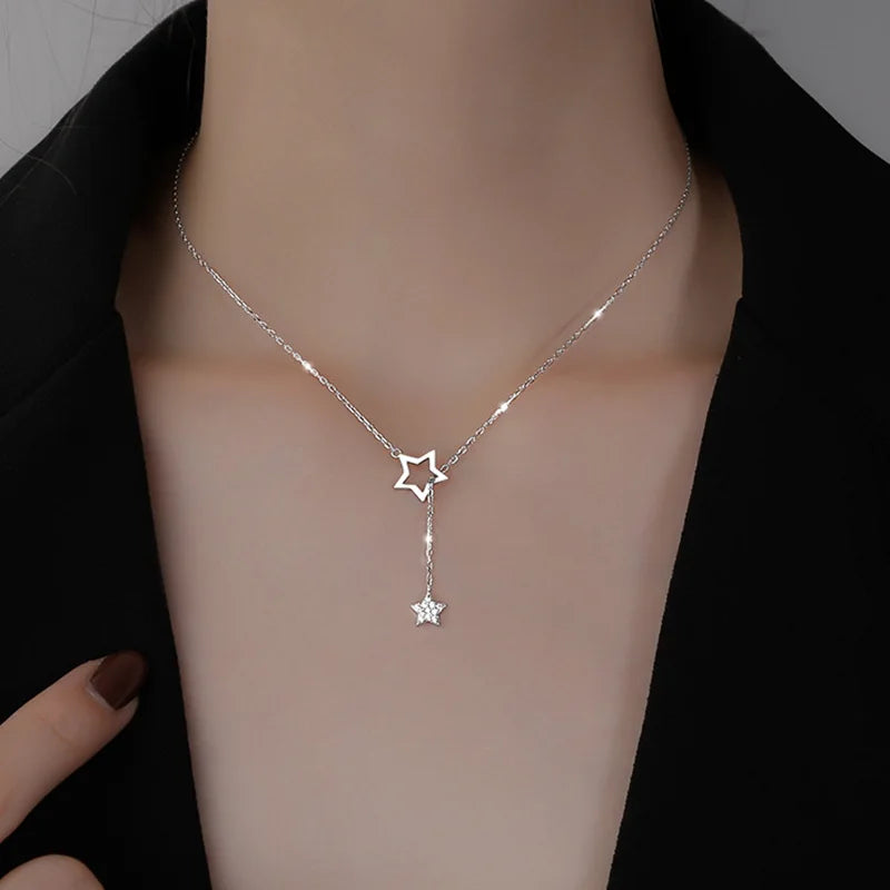 925 Sterling Silver Necklace Chain Star Pendants Exquisite Elegant Jewelry