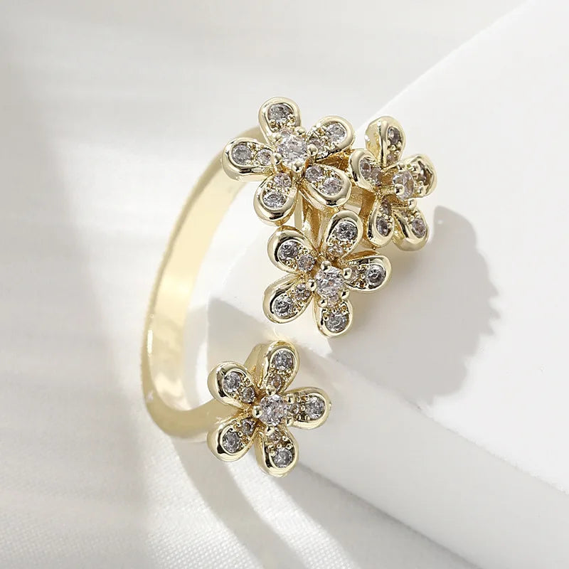 925 Sterling Silver 18k Gold Plated White Zircon Three Sunflower Ring Fine Jewelry