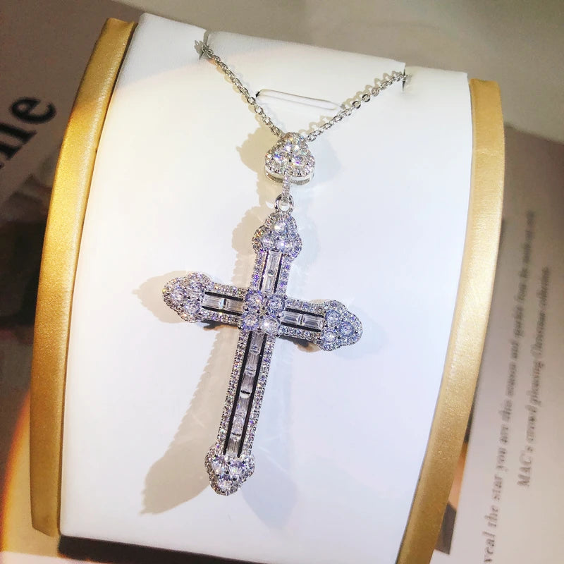 New 925 Sterling Silver Zircon Cross Pendant Necklace Fine Jewelry