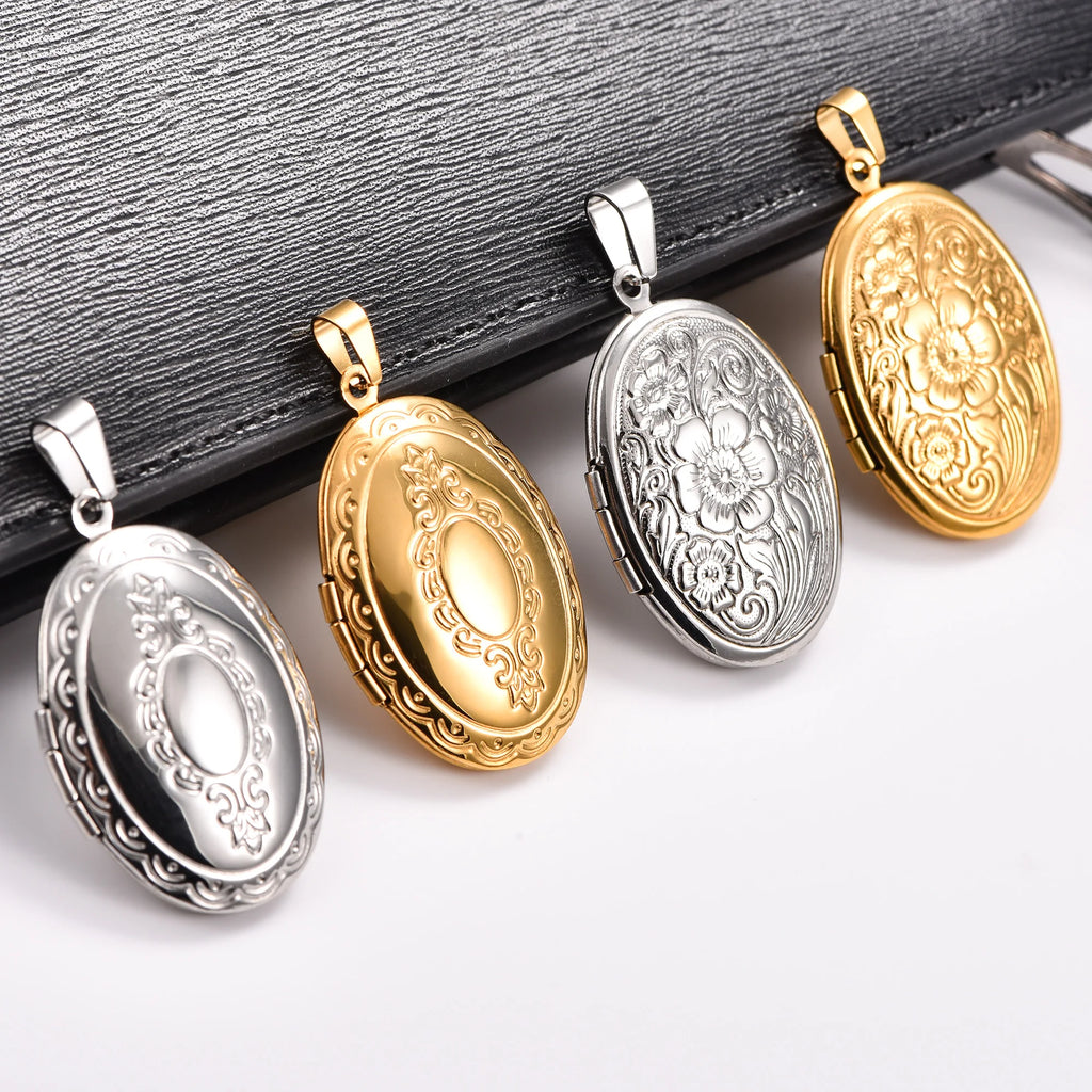 Carved Floral Stainless Steel Egg Photo Locket Pendant Necklace for Women Men Openable Picture Frame Charms Chain Metal Jewelry