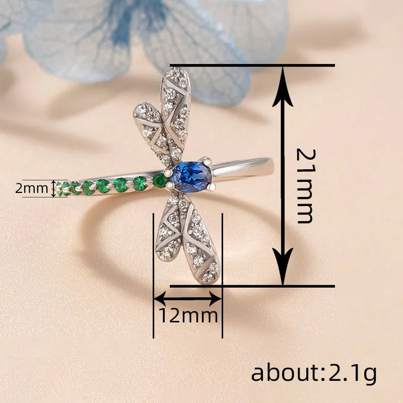 925 Sterling Silver Dragonfly Ring Blue Green Real CZ Stones Fine Jewelry