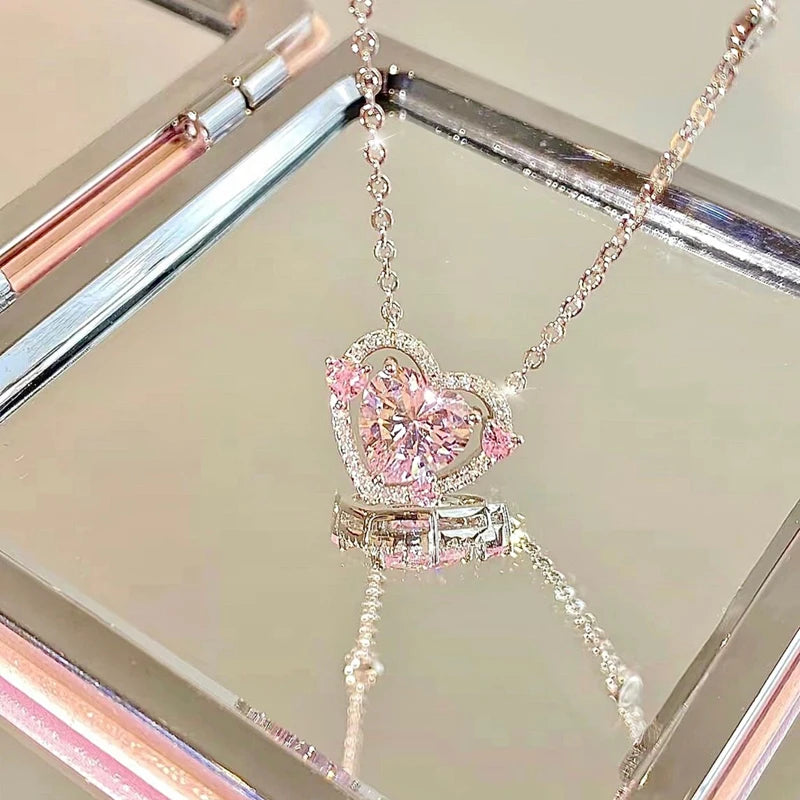 Fine 925 Sterling Silver Zircon Heart Pendant Necklace Designer Jewelry