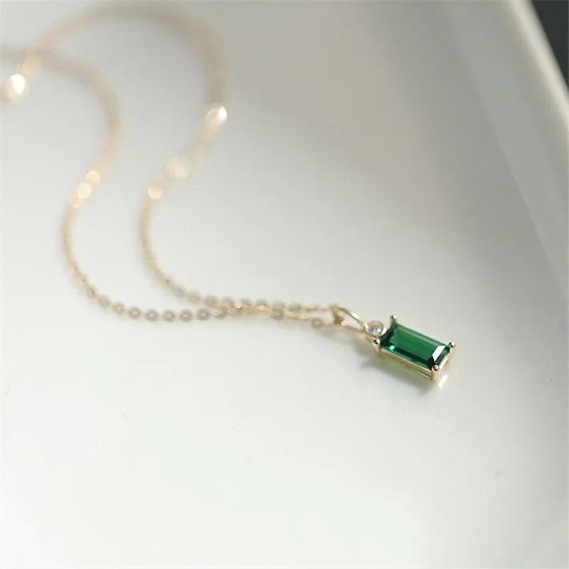 925 Sterling Silver 18k Gold Plated European Simple Square Emerald Zircon Crystal Pendant Clavicle Chain Necklace
