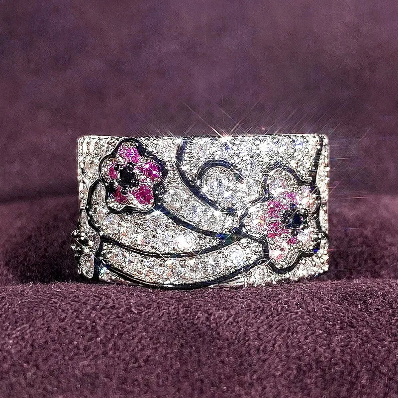 925 Sterling Silver Sparkling Zircon Amethyst Flower Design Ring Fine Jewelry
