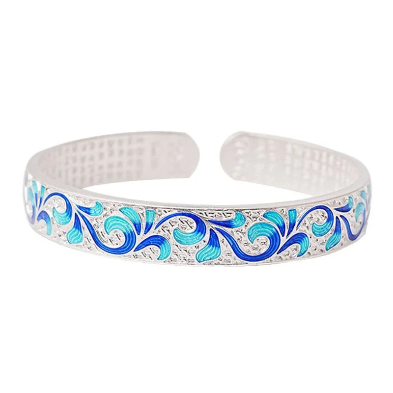 New Sterling Silver 925 Blue Green Enamel Roll Pattern Bangle Cuff Bracelet
