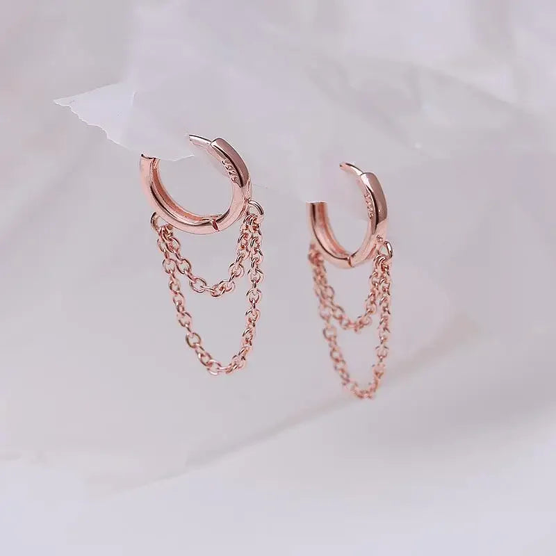 New 925 Sterling Silver Double Layer Tassel Hoop Earrings Fine Fashion Jewelry