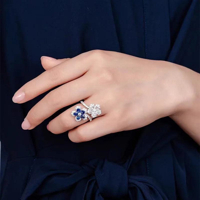 925 Sterling Silver Blue Zircon Crystal Adjustable Twisted Leaves Flowers Ring Fine Jewelry