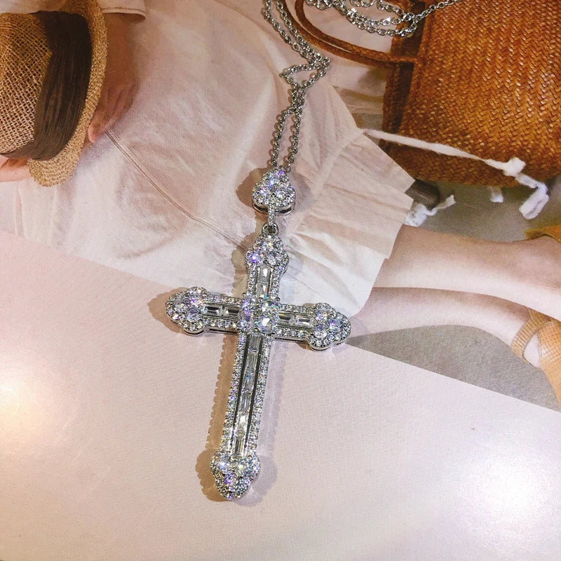 New 925 Sterling Silver Zircon Cross Pendant Necklace Fine Jewelry