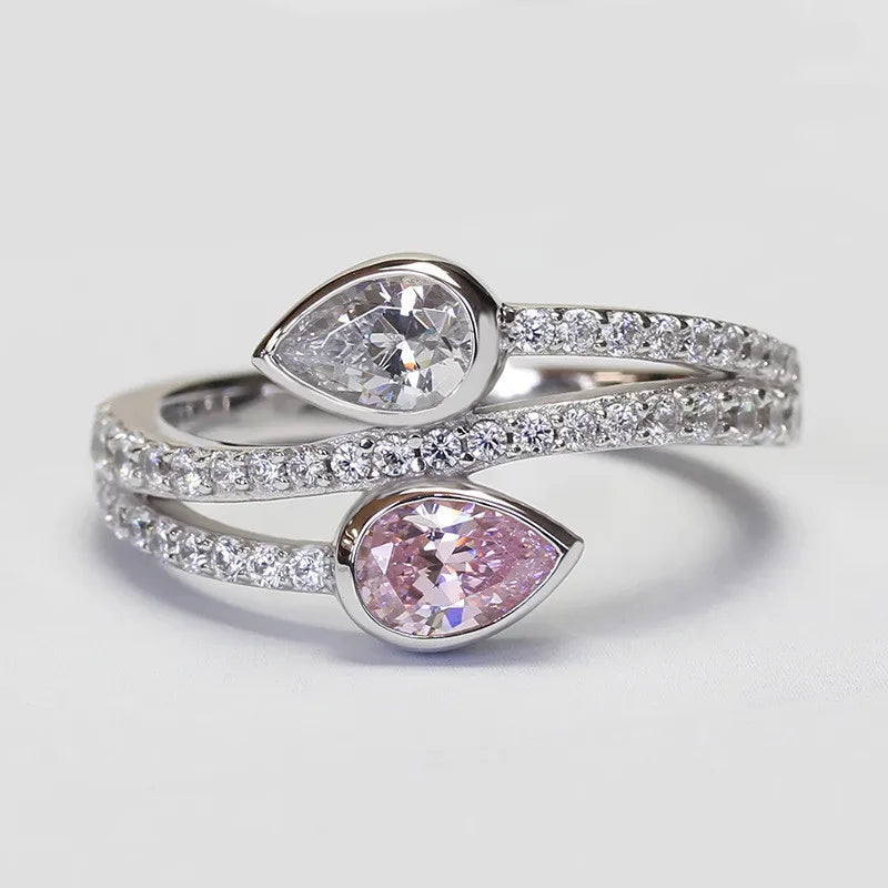 925 Sterling Silver Exquisite Waterdrop Pink/White Cubic Zirconia Ring Luxury Jewelry