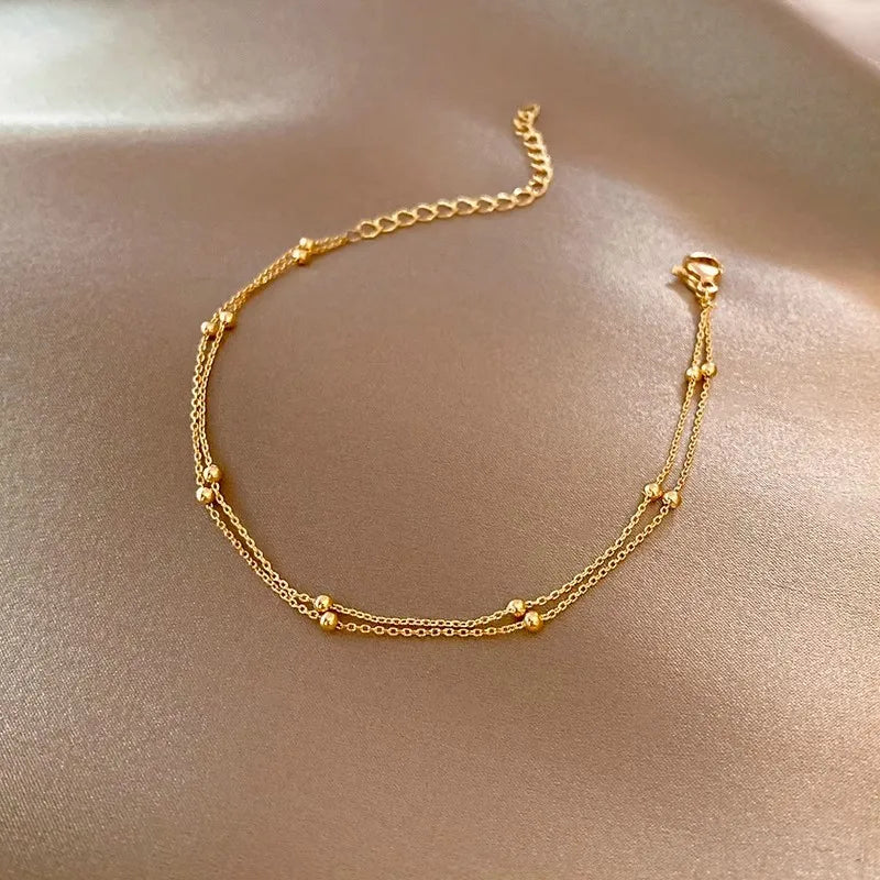 Fashionable 925 Sterling Silver Gold Small round Bead Bracelet Double-Layer Bracelet Jewelry Gift