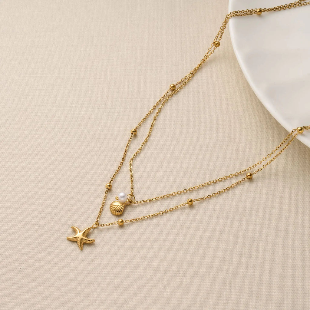 Fashion Starfish Shell Pearl Necklace Stainless Steel Gold Double Layered Beads Chain Jewelry