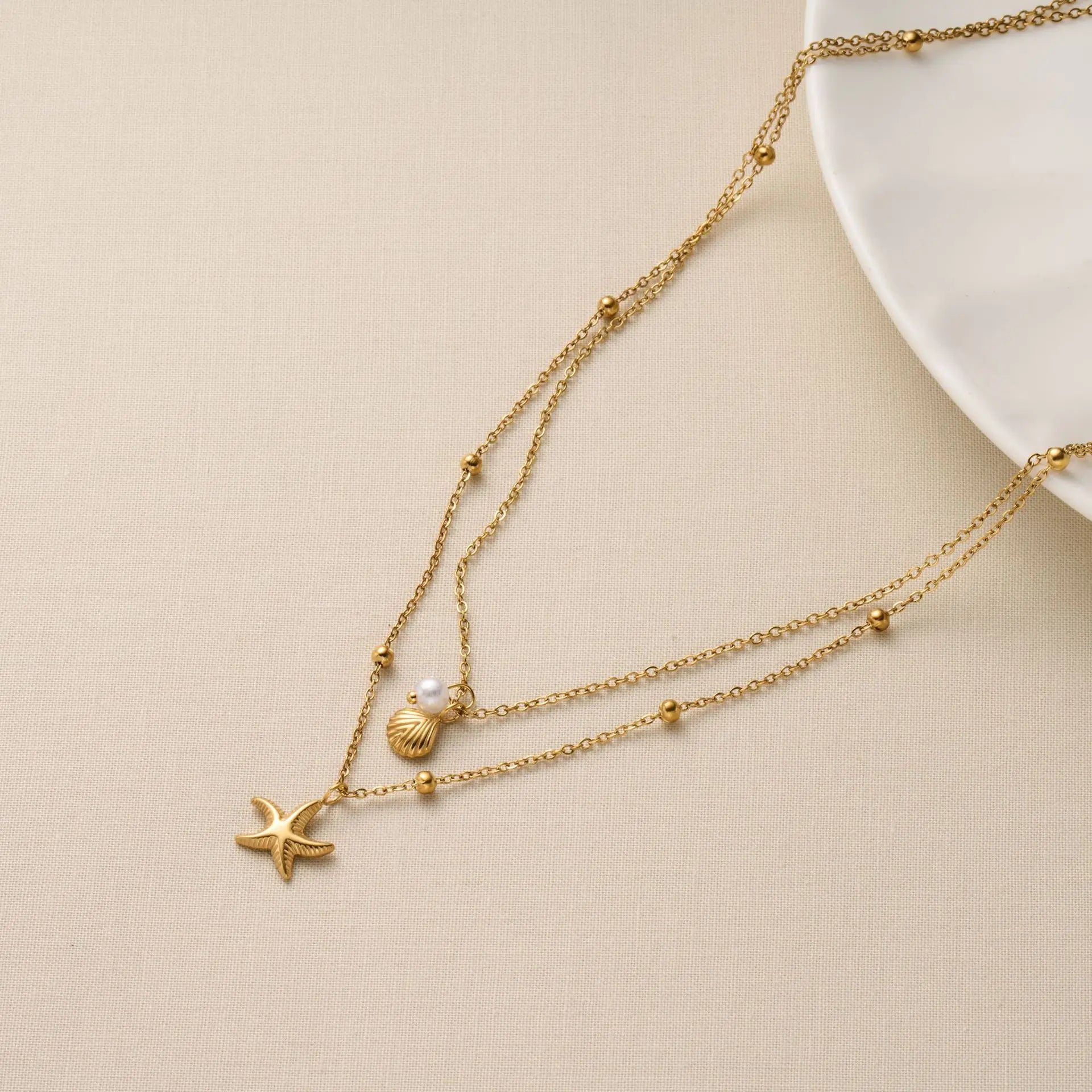 Fashion Starfish Shell Pearl Necklace Stainless Steel Gold Double Layered Beads Chain Jewelry