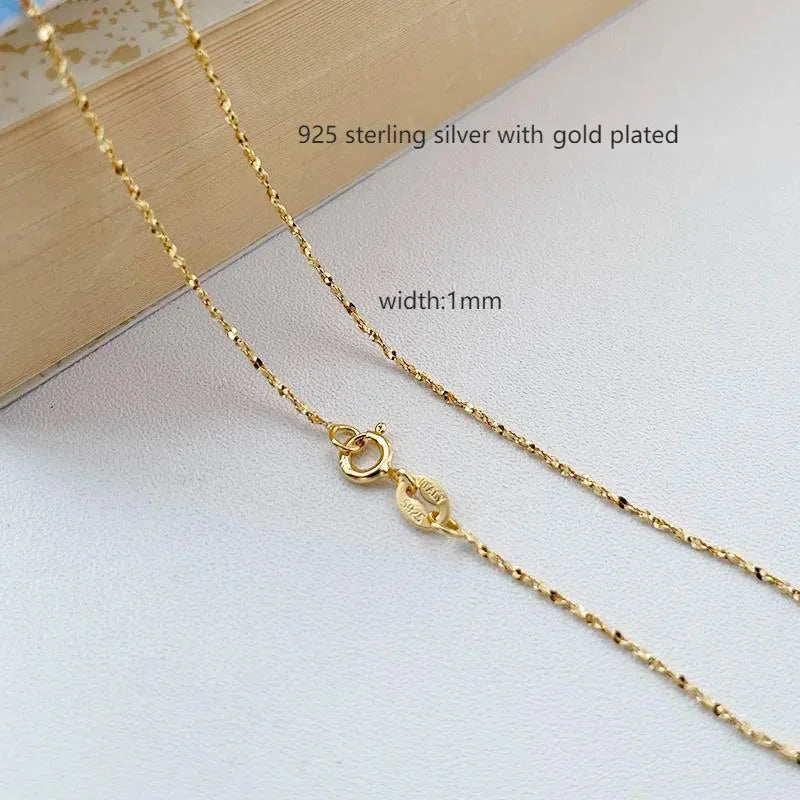 Fine 925 Sterling Silver Gold Plated Link Chain 1Mm Thin Necklace Jewelry 40Cm 45Cm