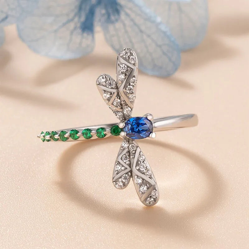 925 Sterling Silver Dragonfly Ring Blue Green Real CZ Stones Fine Jewelry