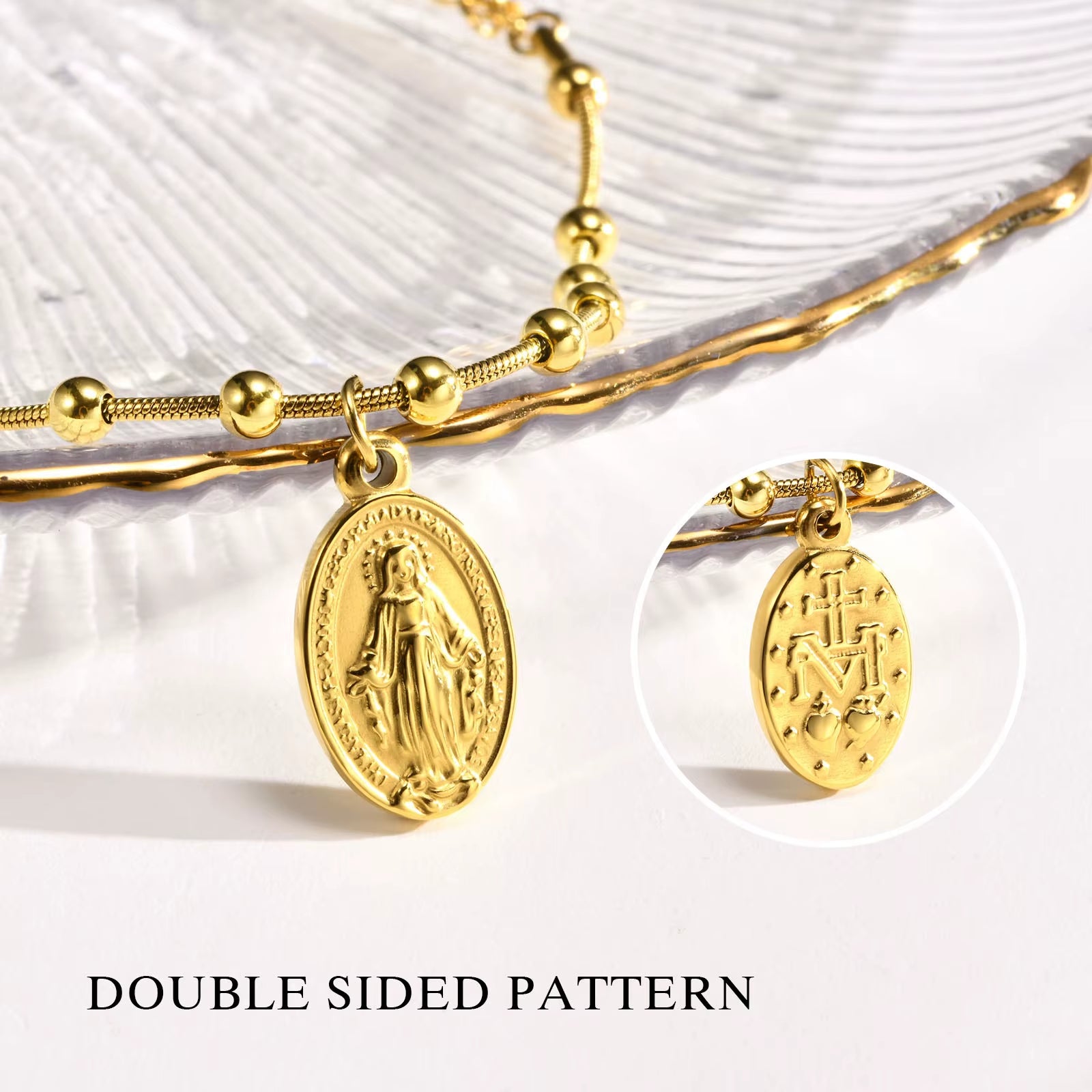 Stainless Steel 18k Gold Plated Rosary Bracelet Religious Cross and Virgin Mary Prayer Bracelet
