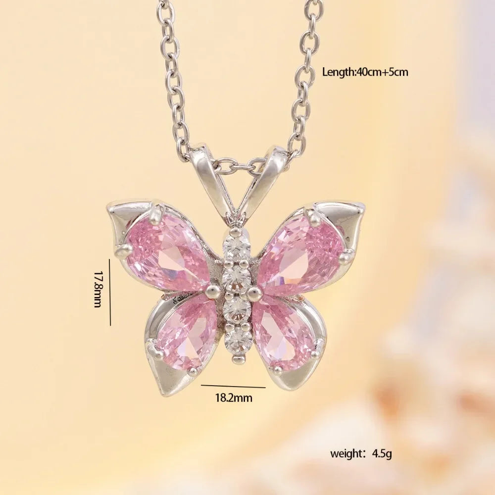 Stainless Steel Pink Zircon Crystal Pendant Butterfly Necklace Chain Gold Silver Color Necklace Jewelry