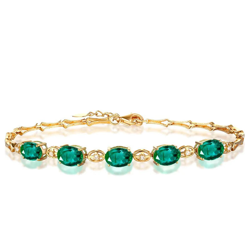 Vintage 925 Sterling Silver 18K Gold-Plated Emerald Bracelet Gemstone Bracelet Fashion Jewelry