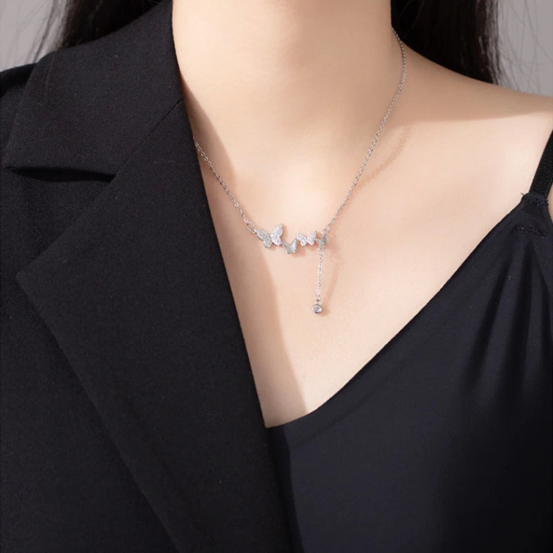 Fine 925 Sterling Chain Silver Butterfly Necklace Fashionable Tassel Collarbone Jewelry