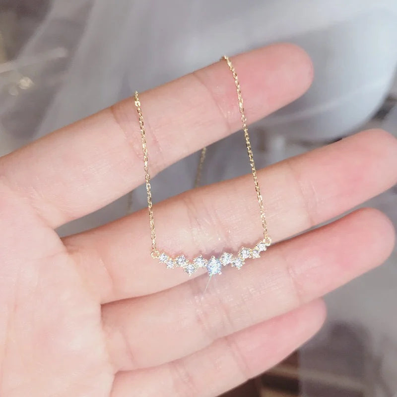 925 Sterling Silver 18K Gold Plated Necklace Moon Sparkling Zircon Clavicle Choker Fine Jewelry