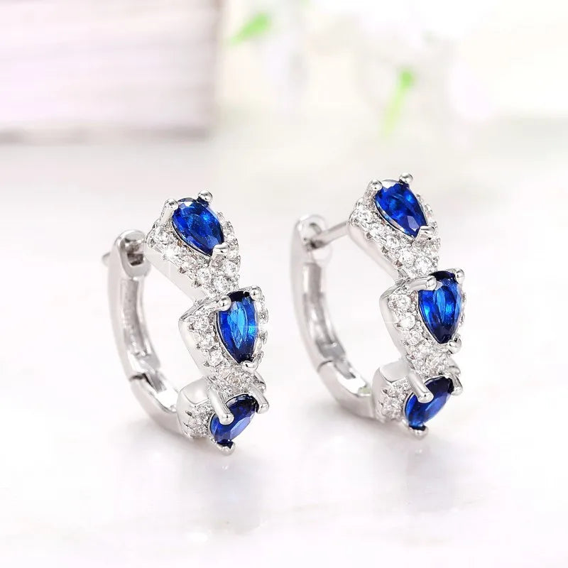 New 925 Sterling Silver Luxury Trendy Blue Cubic Zirconia Hoop Earrings Fine Jewelry Gift