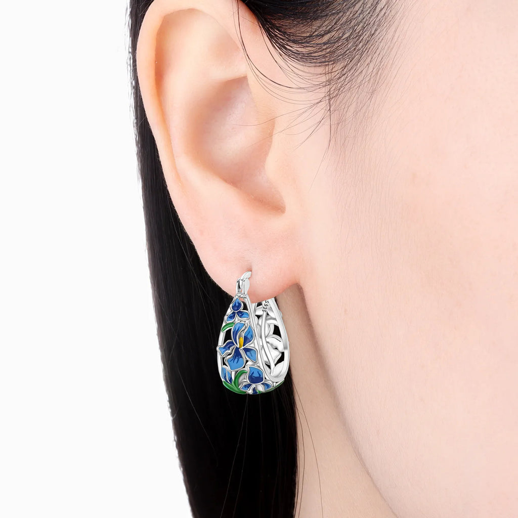 New S925 Sterling Silver Pure Zircon Blue Purple Flower Iris Earrings Fine Jewelry