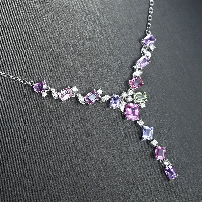 925 Sterling Silver Colorfull Cubic Zirconia Necklaces for Women New Trendy Shine Geometric Collar Fashion Evening Party Jewelry