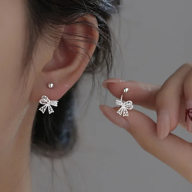 Real 925 Sterling Silver Bow Screw Buckle Puncture Stud Earrings Fine Jewelry Minimalist
