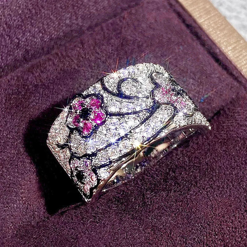 925 Sterling Silver Sparkling Zircon Amethyst Flower Design Ring Fine Jewelry