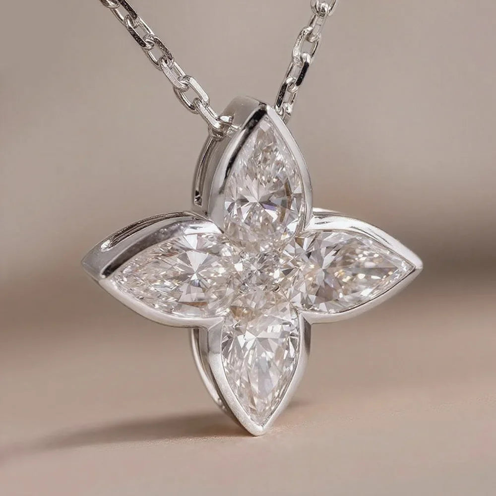 Exquisite S925 Sterling Silver Full Moissanite Pendant Necklace Flower Pear/Round Cut Diamond Neck Chain Jewelry
