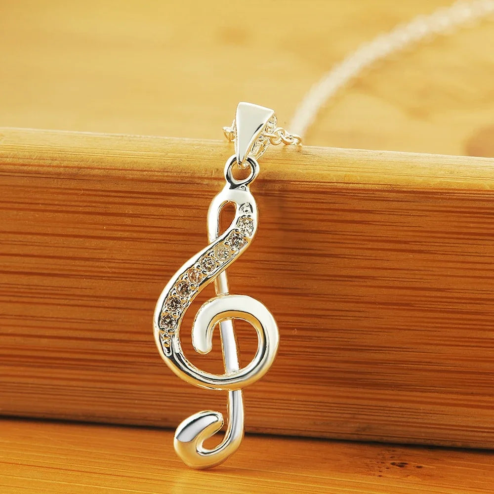 Fine 925 Sterling Silver Crystal Music Note Pendant Necklace Jewelry