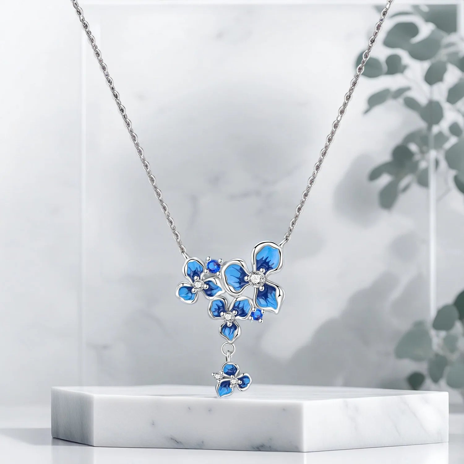 Fine 925 Sterling Silver Blue Iris Flower Pendant Necklace Jewelry