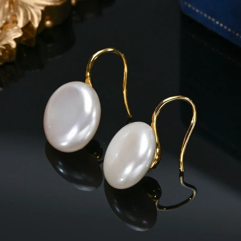Natural Freshwater 11-13Mm White Button Shape Baroque Pearl Earring 925 Sterling Silver Ear Hook Jewelry