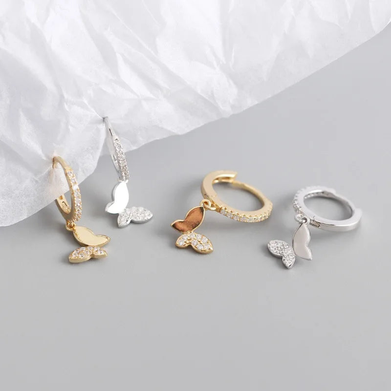 Real 925 Sterling Silver18k Gold Plated Pure Zircon Butterfly Hoop Earrings Fine Jewelry