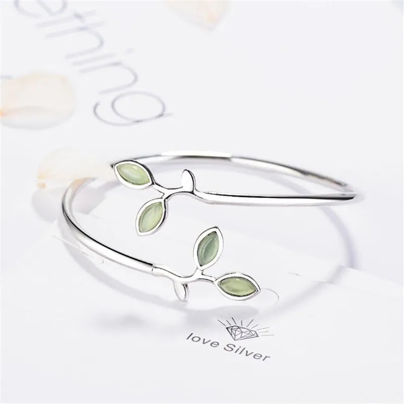  Exquisite 925 Sterling Silver Pure Zircon Bangle Bracelet Leaves Adornment Fine Jewelry