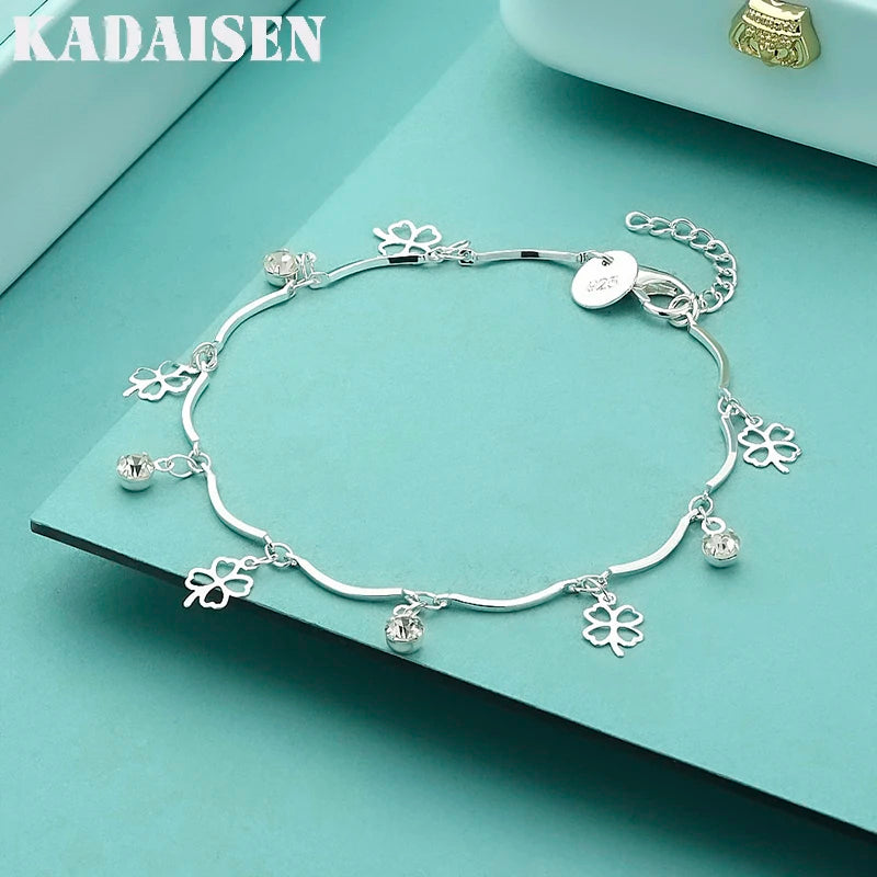 New 925 Sterling Silver Lucky 4 Leaf Clover Pure Zircon Chain Bracelet Fine Jewelry